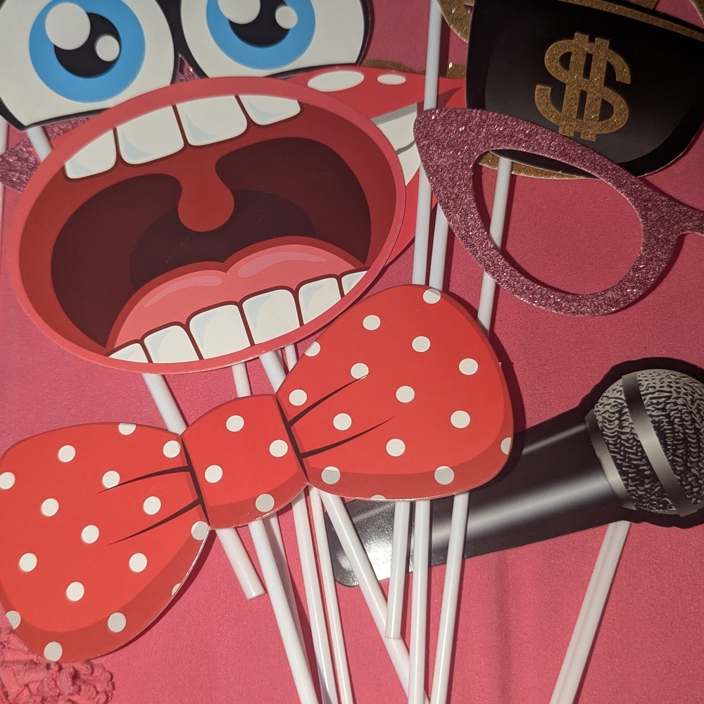 Photo Booth Party Props Set - Red Polka Dot Bow & Pink Glitter Mask